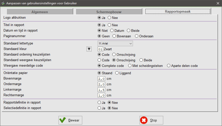 Gebruikersinstellingen rapportopmaak huidige gebruiker