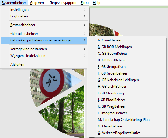 Voorbeeld van de lijst met gegevenssets waarvoor u gebruikersprofielen en/of inverbeperkingen kunt instellen (afhankeliijk van uw inrichting kan de lijst anders zijn)